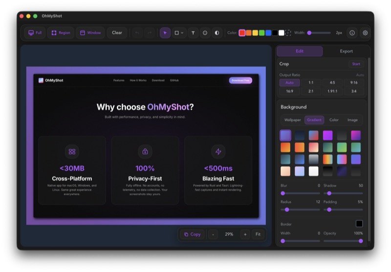 OhMyShot App - Screenshot beautifier interface showing gradient background customization