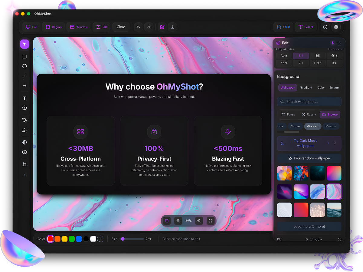 OhMyShot App - Screenshot beautifier interface showing gradient background customization